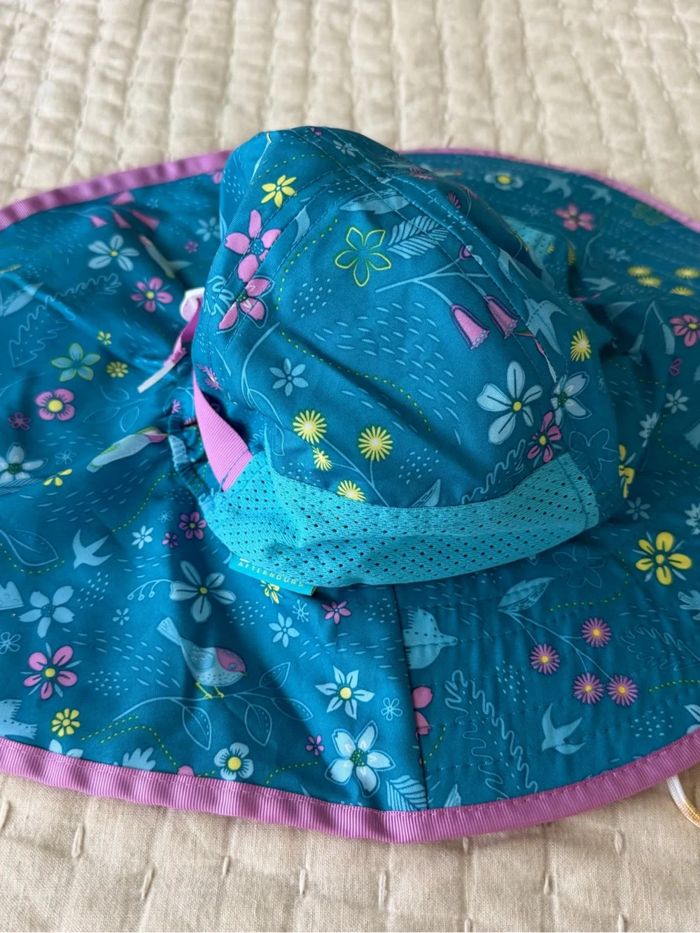 Sunday Afternoons Kids Play Hat Teal Floral Hummingbird with Purple Trim Large